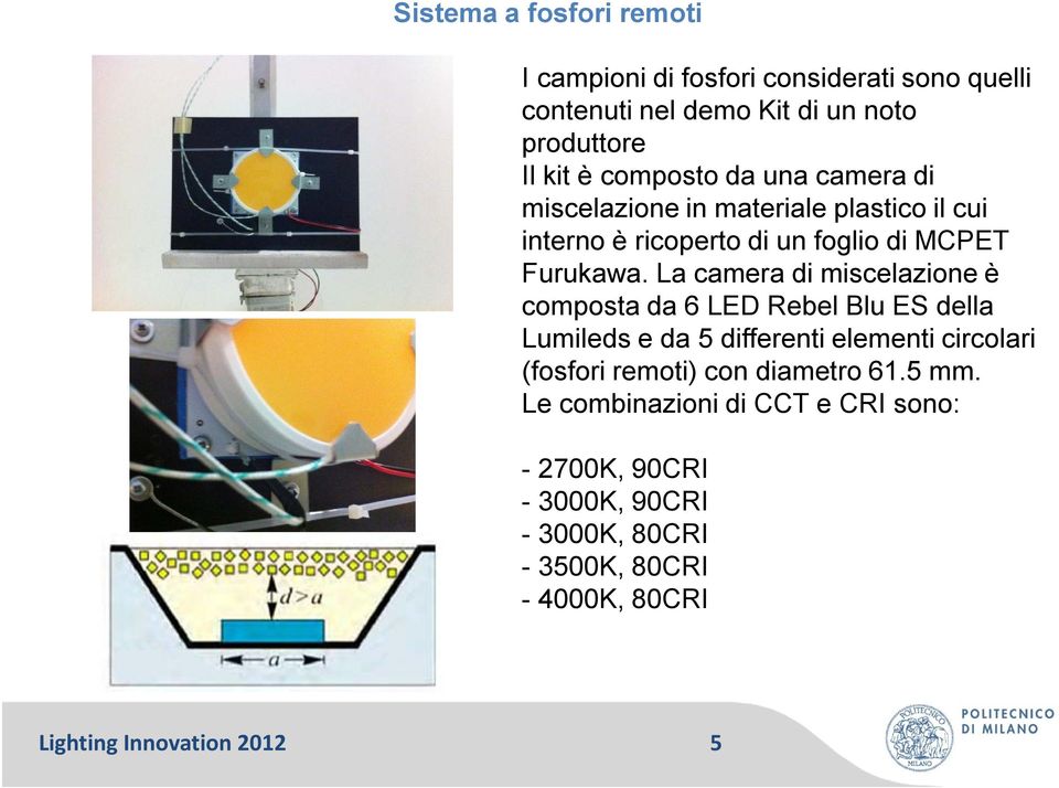 La camera di miscelazione è composta da 6 LED Rebel Blu ES della Lumileds e da 5 differenti elementi circolari (fosfori remoti) con