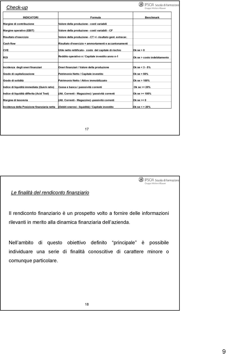 Risultato d esercizio + ammortamenti e accantonamenti CVE Utile netto rettificato- costo del capitale di rischio Ok se > 0 ROI Reddito operativo n / Capitale investito anno n-1 Ok se > costo