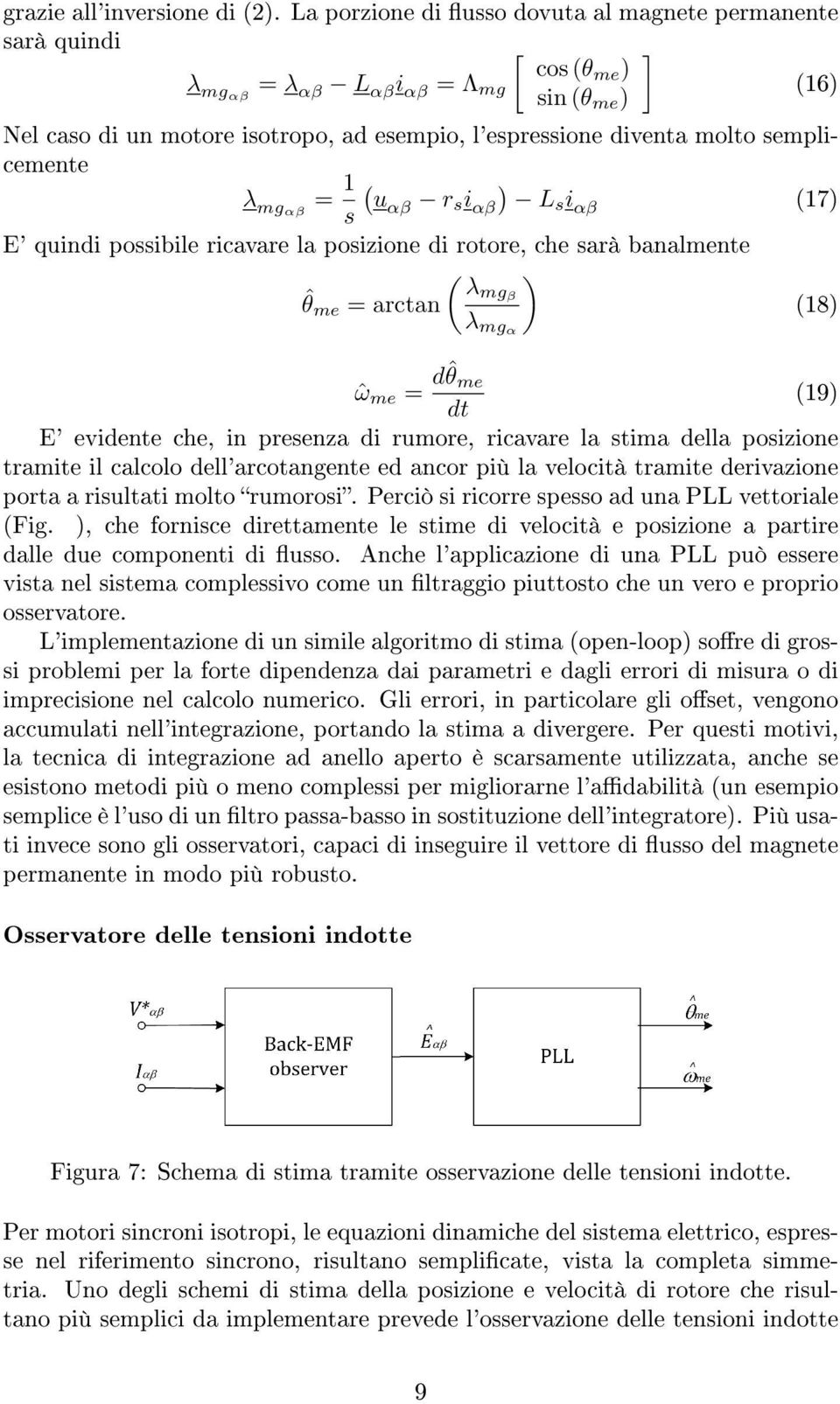 semplicemente λ mgαβ = 1 ( ) uαβ r s i s αβ Ls i αβ (17) E' quindi possibile ricavare la posizione di rotore, che sarà banalmente ( ) λmgβ ˆθ me = arctan (18) λ mgα ˆω me = dˆθ me (19) dt E' evidente