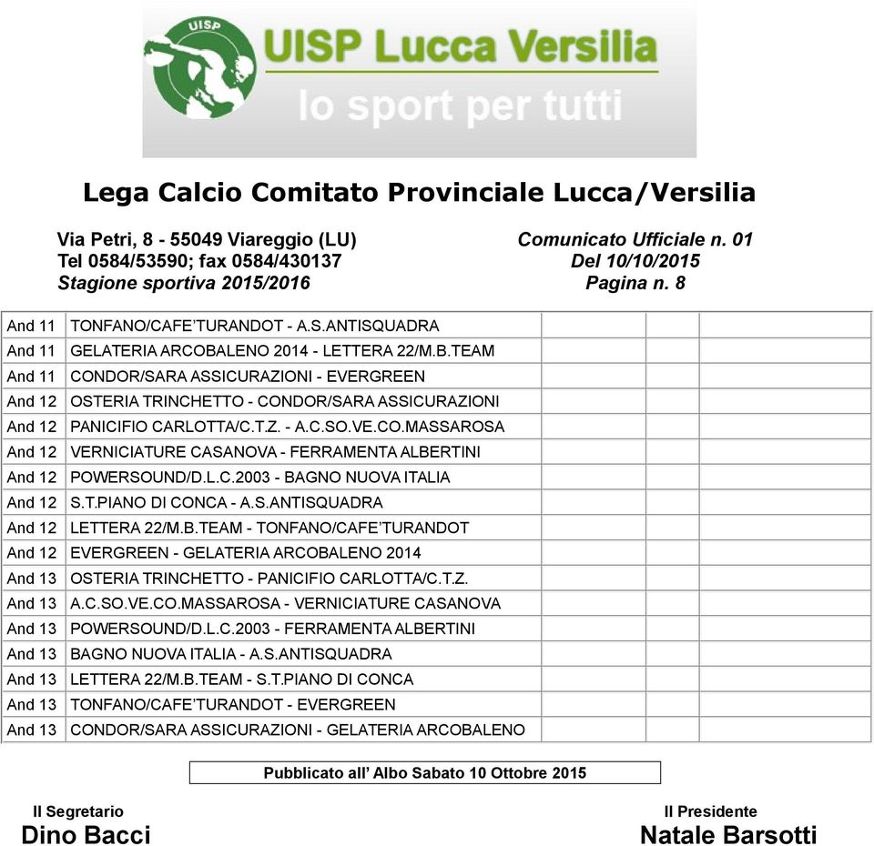 L.C.2003 - BAGNO NUOVA ITALIA And 12 S.T.PIANO DI CONCA - A.S.ANTISQUADRA And 12 LETTERA 22/M.B.TEAM - TONFANO/CAFE TURANDOT And 12 EVERGREEN - GELATERIA ARCOBALENO 2014 And 13 OSTERIA TRINCHETTO - PANICIFIO CARLOTTA/C.