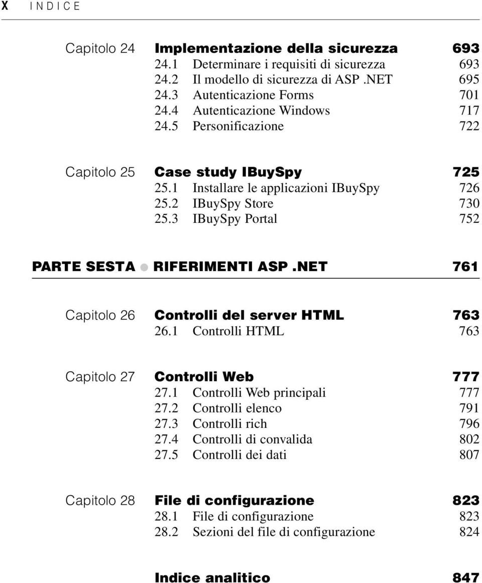 3 IBuySpy Portal 752 PARTE SESTA RIFERIMENTI ASP.NET 761 Capitolo 26 Controlli del server HTML 763 26.1 Controlli HTML 763 Capitolo 27 Controlli Web 777 27.1 Controlli Web principali 777 27.