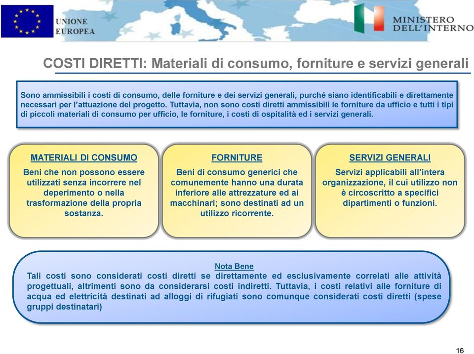 Tuttavia, non sono costi diretti ammissibili le forniture da ufficio e tutti i tipi di piccoli materiali di consumo per ufficio, le forniture, i costi di ospitalità ed i servizi generali.