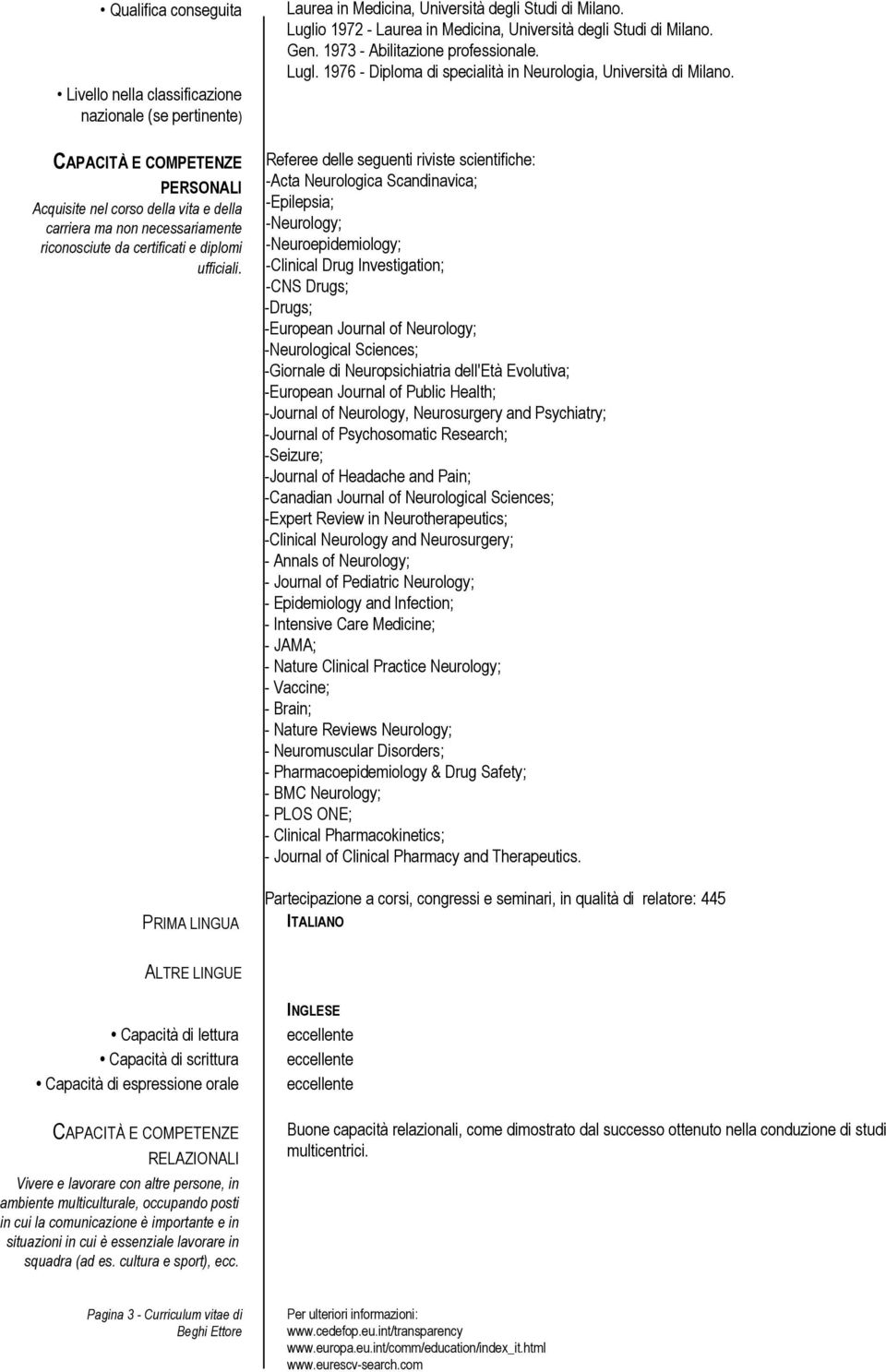 Referee delle seguenti riviste scientifiche: -Acta Neurologica Scandinavica; -Epilepsia; -Neurology; -Neuroepidemiology; -Clinical Drug Investigation; -CNS Drugs; -Drugs; -European Journal of