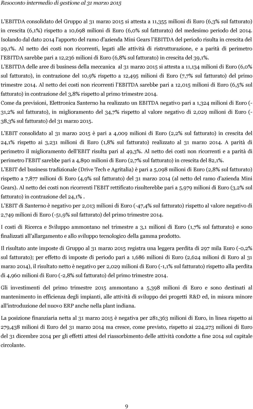 Al netto dei costi non ricorrenti, legati alle attività di ristrutturazione, e a parità di perimetro l EBITDA sarebbe pari a 12,236 milioni di Euro (6,8% sul fatturato) in crescita del 39,1%.