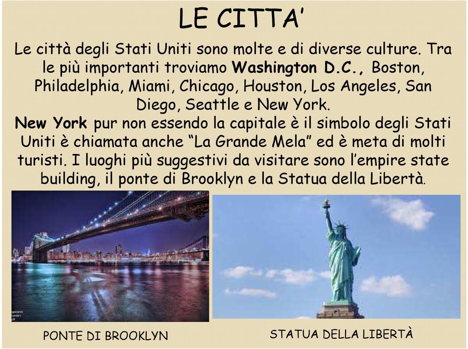 turisti. I luoghi più suggestivi da visitare sono l empire state building, il ponte di Brooklyn e la Statua della Libertà.