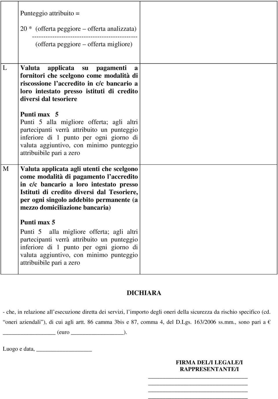 punteggio attribuibile pari a zero M Valuta applicata agli utenti che scelgono come modalità di pagamento l accredito in c/c bancario a loro intestato presso Istituti di credito diversi dal