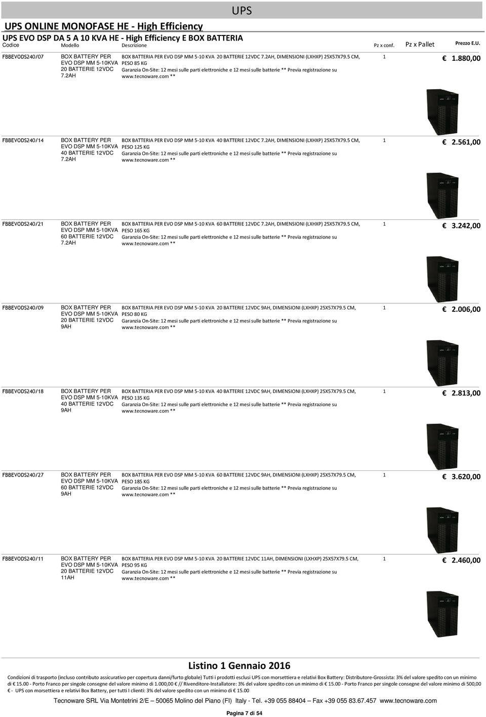 5 CM, PESO 85 KG Garanzia On-Site: 2 mesi sulle parti elettroniche e 2 mesi sulle batterie ** Previa registrazione su.88, FBBEVODS24/4 BOX BATTERY PER EVO DSP MM 5-KVA 4 BATTERIE 2VDC 7.