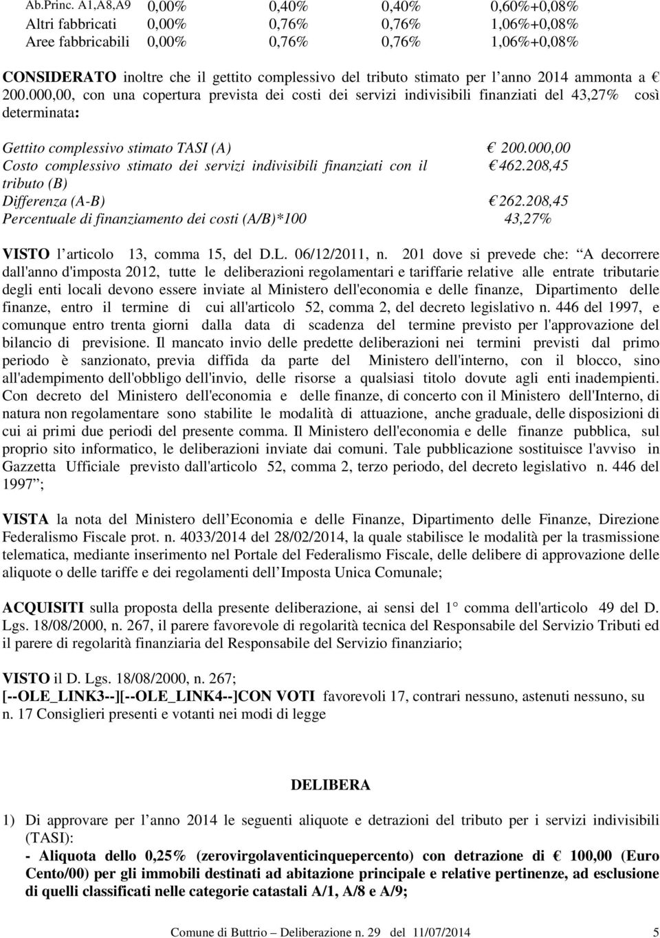 stimato per l anno 2014 ammonta a 200.000,00, con una copertura prevista dei costi dei servizi indivisibili finanziati del 43,27% così determinata: Gettito complessivo stimato TASI (A) 200.