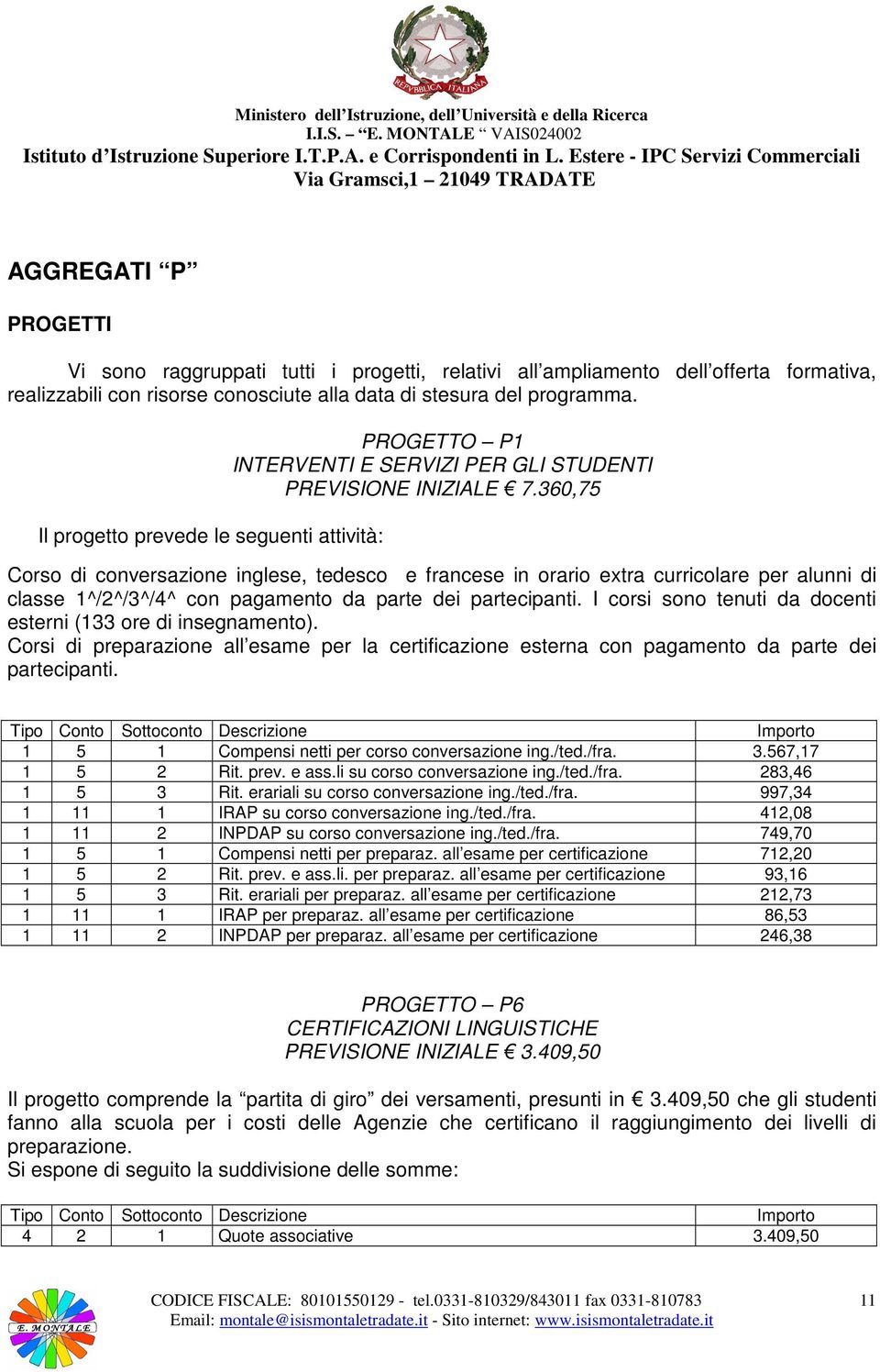 360,75 Corso di conversazione inglese, tedesco e francese in orario extra curricolare per alunni di classe 1^/2^/3^/4^ con pagamento da parte dei partecipanti.