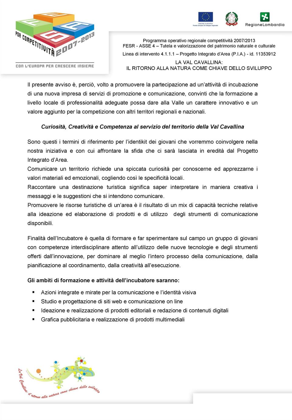 Curiosità, Creatività e Competenza al servizio del territorio della Val Cavallina Sono questi i termini di riferimento per l identikit dei giovani che vorremmo coinvolgere nella nostra iniziativa e