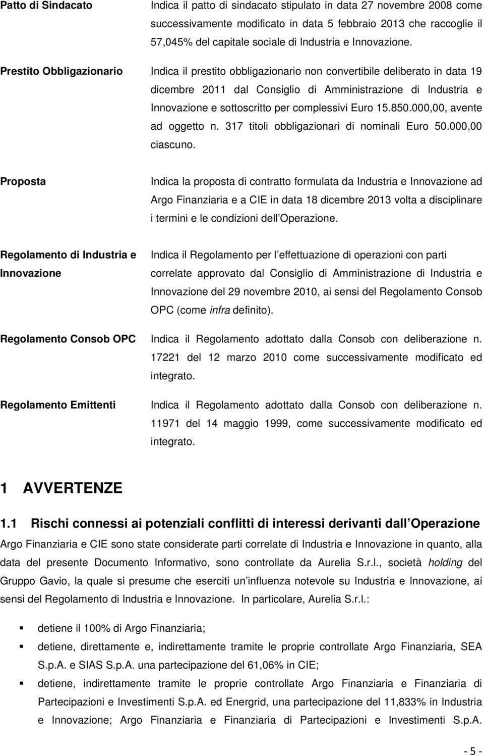 Prestito Obbligazionario Indica il prestito obbligazionario non convertibile deliberato in data 19 dicembre 2011 dal Consiglio di Amministrazione di Industria e Innovazione e sottoscritto per