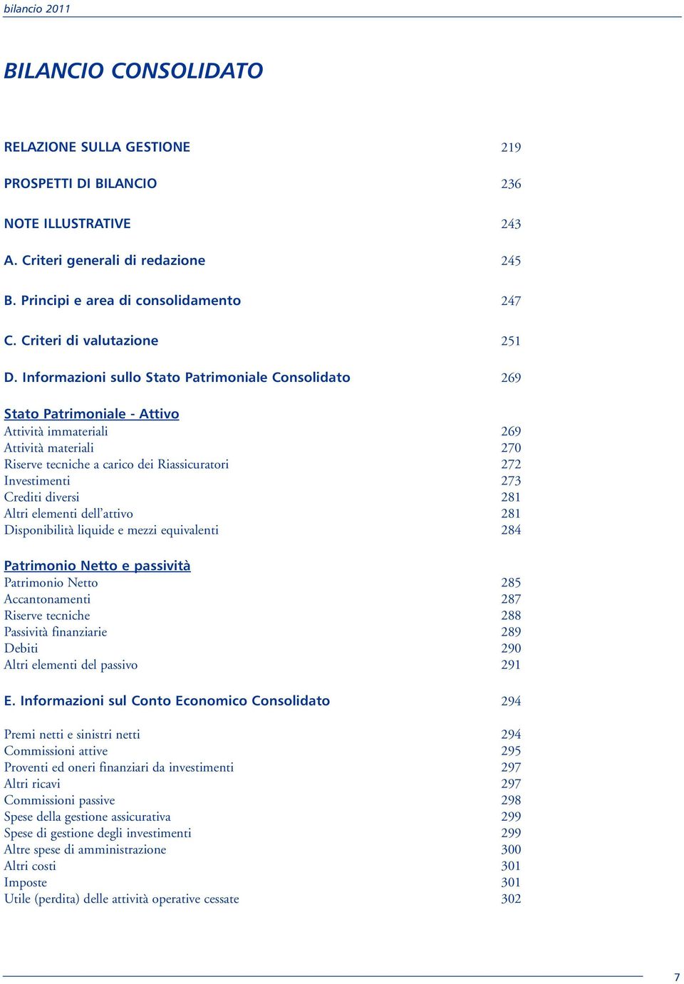 Informazioni sullo Stato Patrimoniale Consolidato 269 Stato Patrimoniale - Attivo Attività immateriali 269 Attività materiali 270 Riserve tecniche a carico dei Riassicuratori 272 Investimenti 273