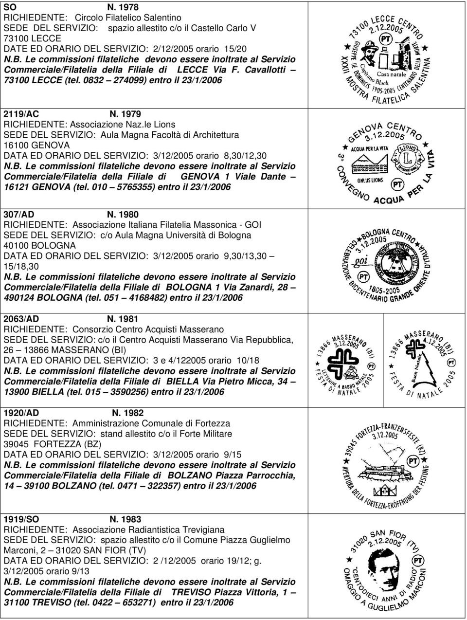 le Lions SEDE DEL SERVIZIO: Aula Magna Facoltà di Architettura 16100 GENOVA DATA ED ORARIO DEL SERVIZIO: 3/12/2005 orario 8,30/12,30 Commerciale/Filatelia della Filiale di GENOVA 1 Viale Dante 16121