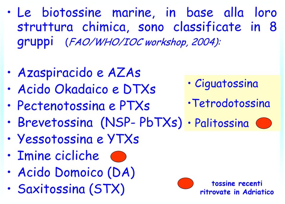 PTXs Brevetossina (NSP- PbTXs) Yessotossina e YTXs Iminecicliche AcidoDomoico(DA)