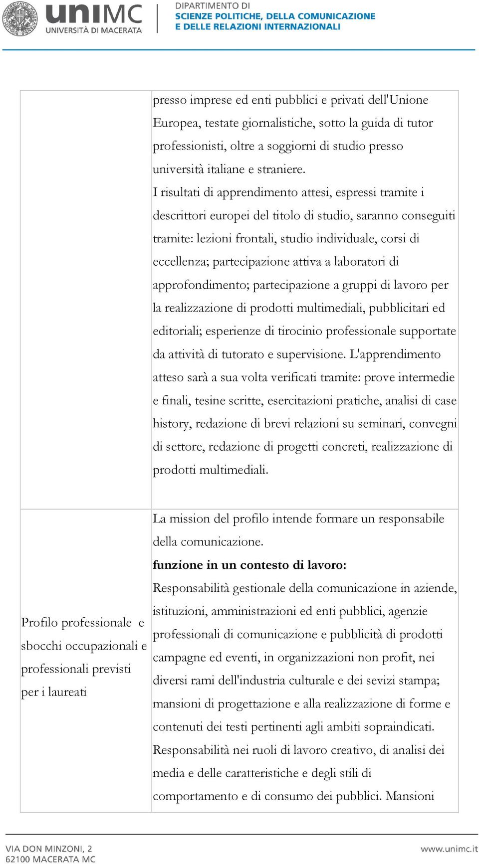 attiva a laboratori di approfondimento; partecipazione a gruppi di lavoro per la realizzazione di prodotti multimediali, pubblicitari ed editoriali; esperienze di tirocinio professionale supportate