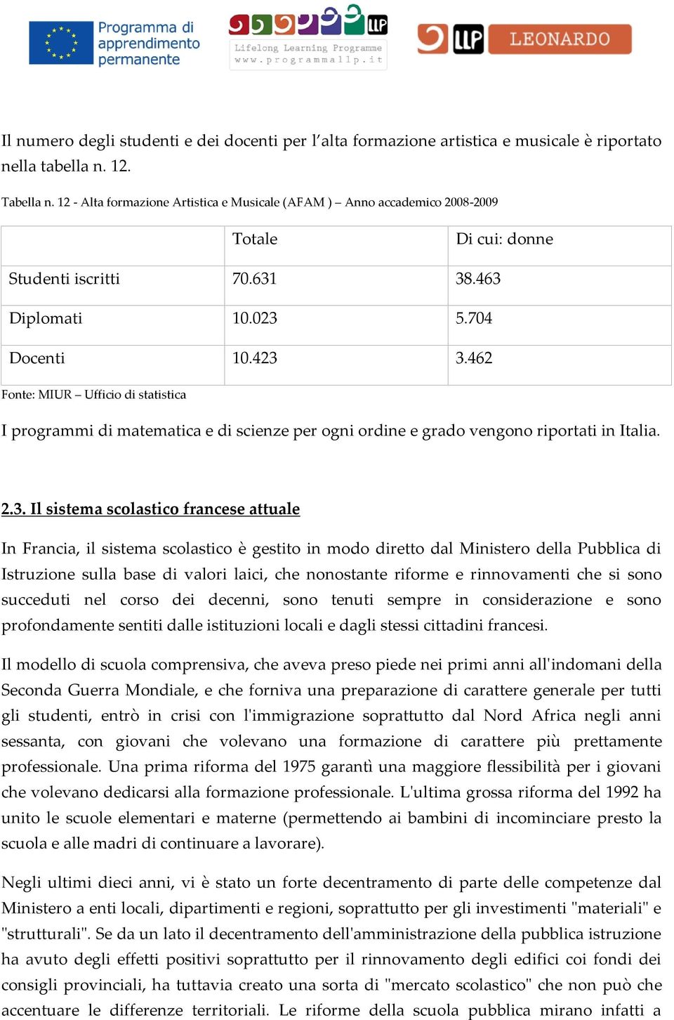 462 Fonte: MIUR Ufficio di statistica I programmi di matematica e di scienze per ogni ordine e grado vengono riportati in Italia. 2.3.