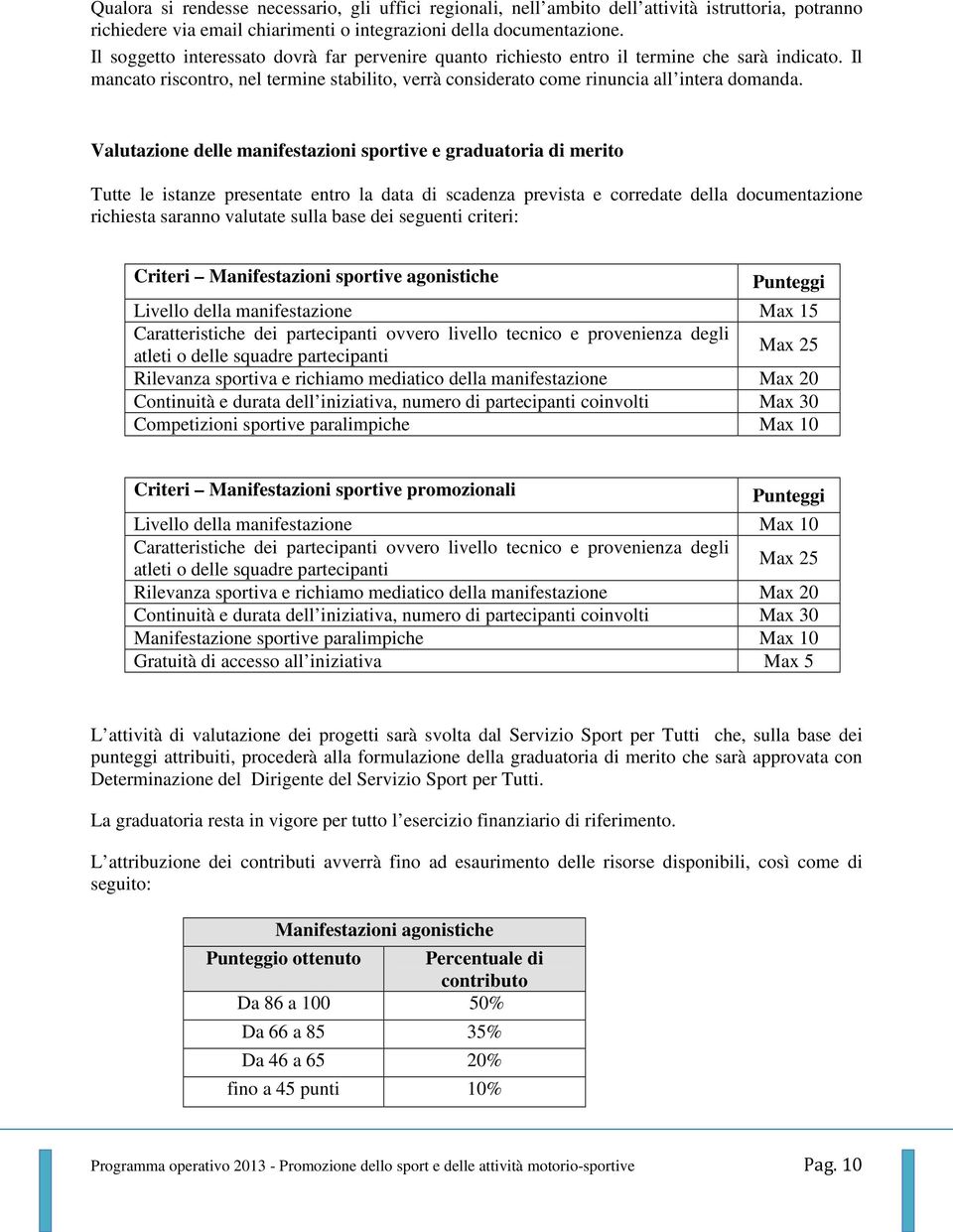 Valutazione delle manifestazioni sportive e graduatoria di merito Tutte le istanze presentate entro la data di scadenza prevista e corredate della documentazione richiesta saranno valutate sulla base