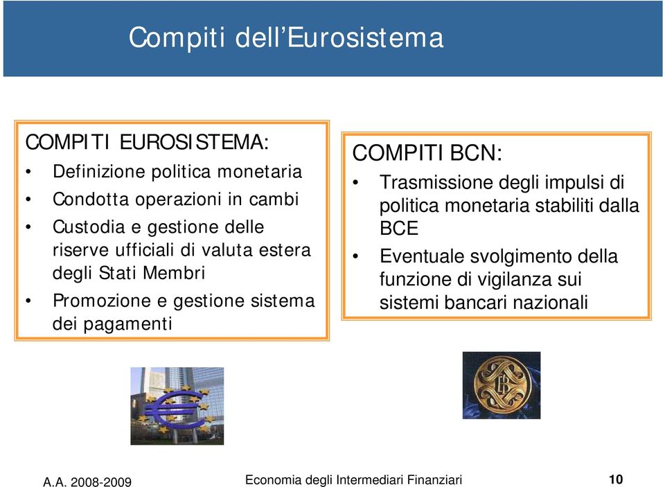 dei pagamenti COMPITI BCN: Trasmissione degli impulsi di politica monetaria stabiliti dalla BCE Eventuale