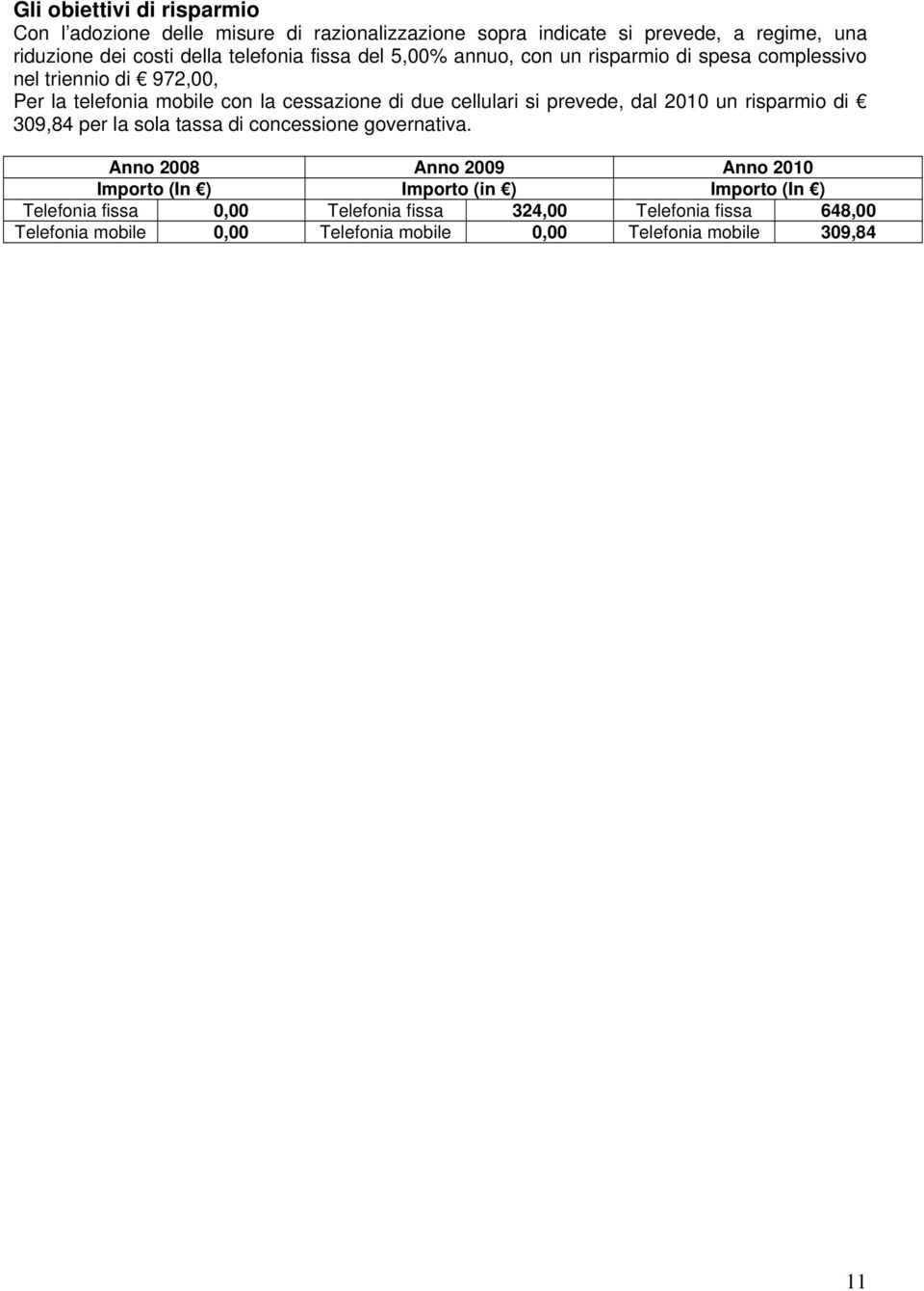 cellulari si prevede, dal 2010 un risparmio di 309,84 per la sola tassa di concessione governativa.