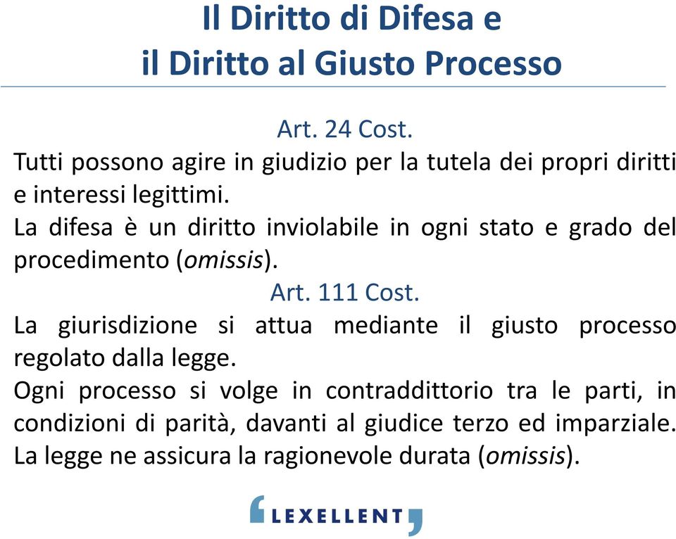 La difesa è un diritto inviolabile in ogni stato e grado del procedimento (omissis). Art. 111 Cost.
