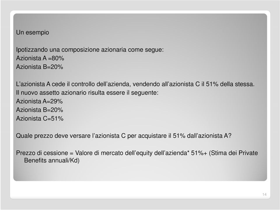 Il nuovo assetto azionario risulta essere il seguente: Azionista A=29% Azionista B=20% Azionista C=51% Quale prezzo deve