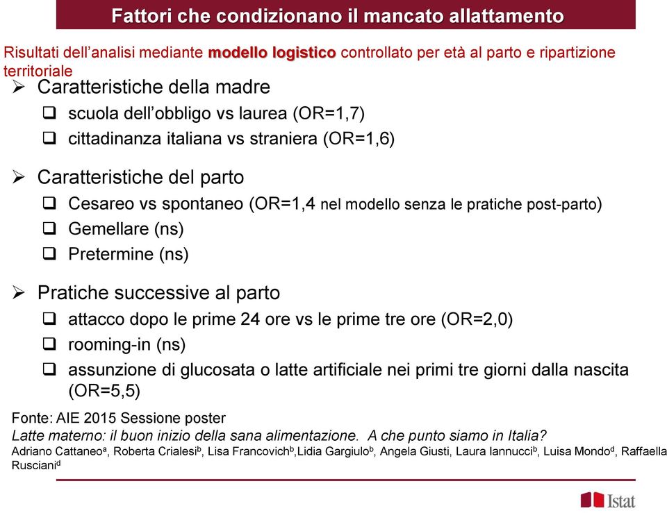 Pratiche successive al parto attacco dopo le prime 24 ore vs le prime tre ore (OR=2,0) rooming-in (ns) assunzione di glucosata o latte artificiale nei primi tre giorni dalla nascita (OR=5,5) Fonte: