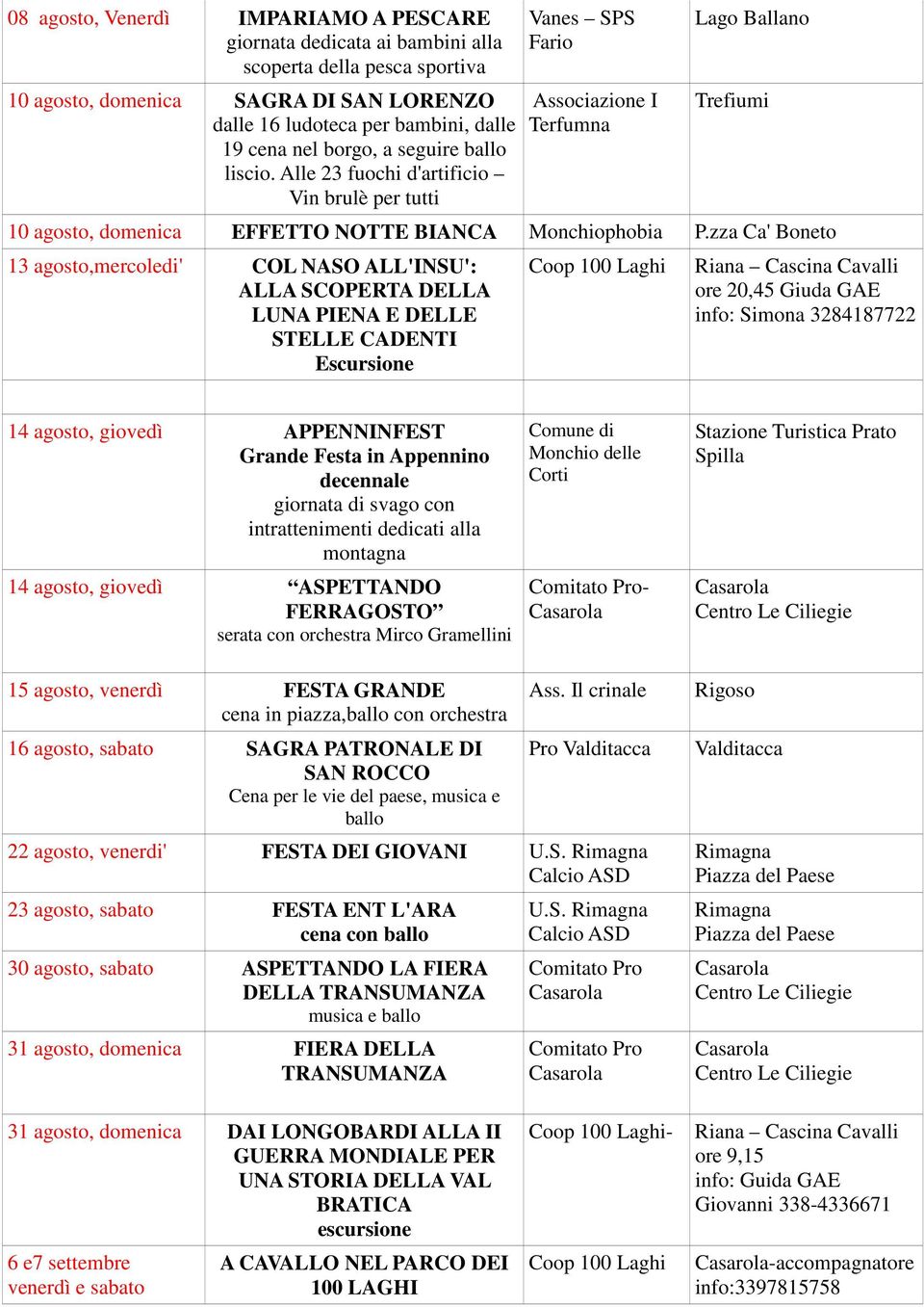 zza Ca' Boneto 13 agosto,mercoledi' COL NASO ALL'INSU': ALLA SCOPERTA DELLA LUNA PIENA E DELLE STELLE CADENTI ore 20,45 Giuda GAE info: Simona 3284187722 14 agosto, giovedì APPENNINFEST Grande Festa