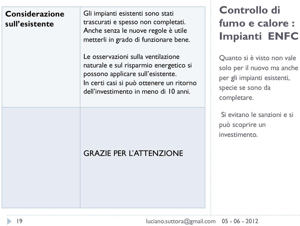 Le osservazioni sulla ventilazione naturale e sul risparmio energetico si possono applicare sull esistente.