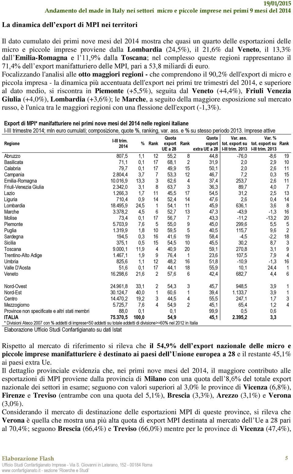euro. Focalizzando l'analisi alle otto maggiori regioni - che comprendono il 90,2% dell'export di micro e piccola impresa - la dinamica più accentuata dell'export nei primi tre trimestri del 2014, e