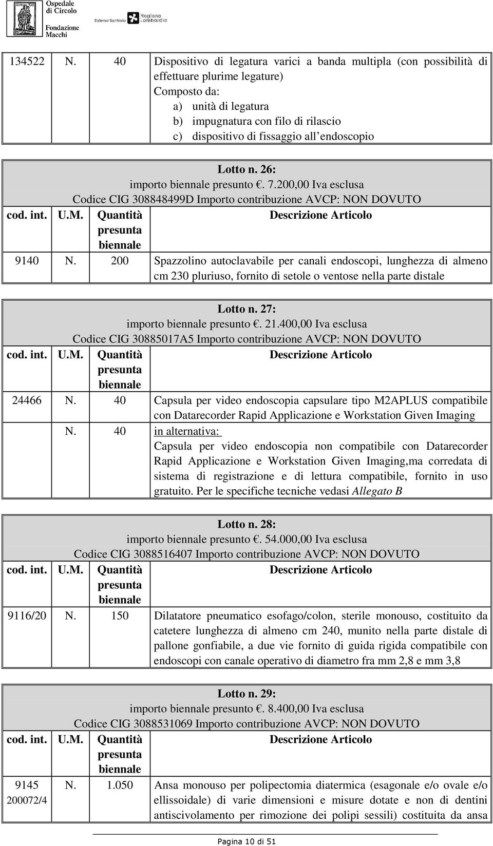 all endoscopio Lotto n. 26: importo presunto. 7.200,00 Iva esclusa Codice CIG 308848499D Importo contribuzione AVCP: NON DOVUTO 9140 N.