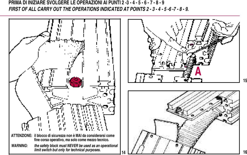 A 15 ATTENZIONE: il blocco di sicurezza non è MAI da considerarsi come fine corsa operativo, ma