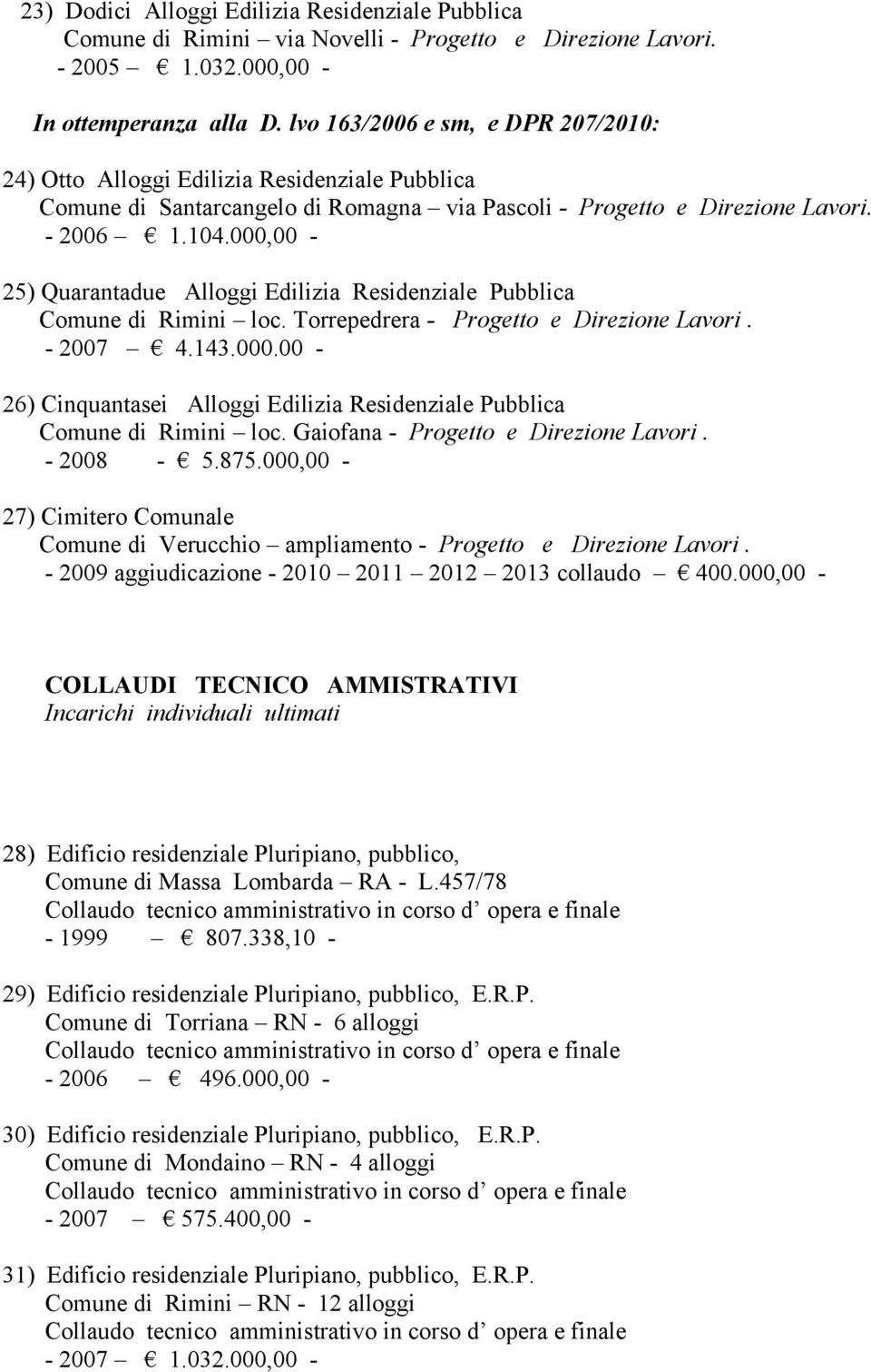 000,00-25) Quarantadue Alloggi Edilizia Residenziale Pubblica Comune di Rimini loc. Torrepedrera - Progetto e Direzione Lavori. - 2007 4.143.000.00-26) Cinquantasei Alloggi Edilizia Residenziale Pubblica Comune di Rimini loc.