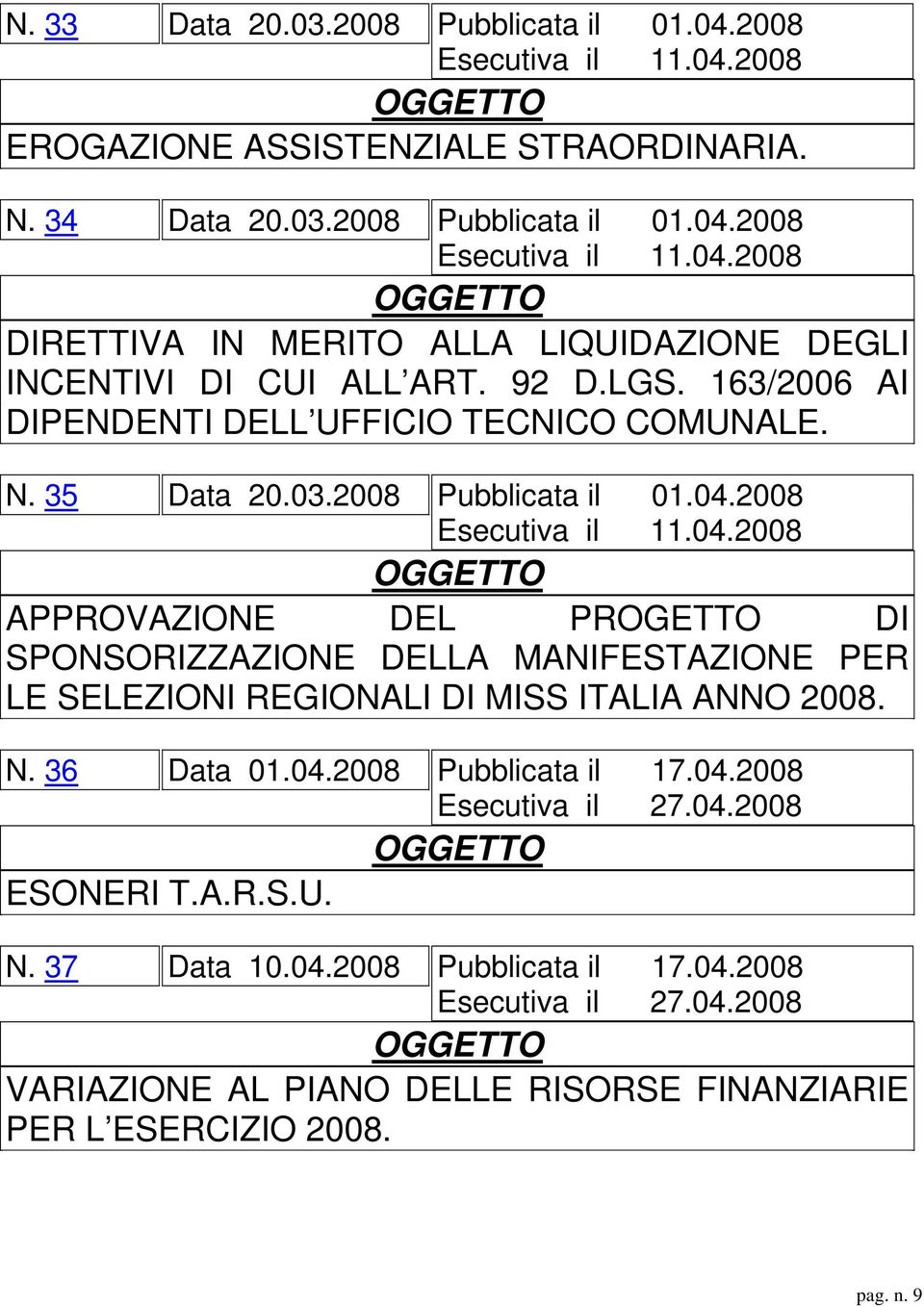 2008 Esecutiva il 11.04.2008 APPROVAZIONE DEL PROGETTO DI SPONSORIZZAZIONE DELLA MANIFESTAZIONE PER LE SELEZIONI REGIONALI DI MISS ITALIA ANNO 2008. N. 36 Data 01.04.2008 Pubblicata il 17.