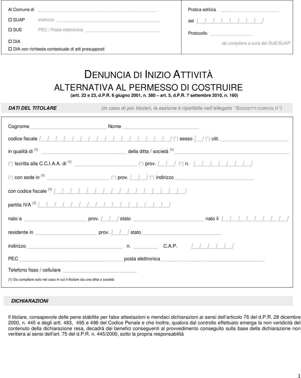 160) DATI DEL TITOLARE (in caso di più titolari, la sezione è ripetibile nell allegato SOGGETTI COINVOLTI ) Cognome Nome codice fiscale (*) sesso (*) citt.