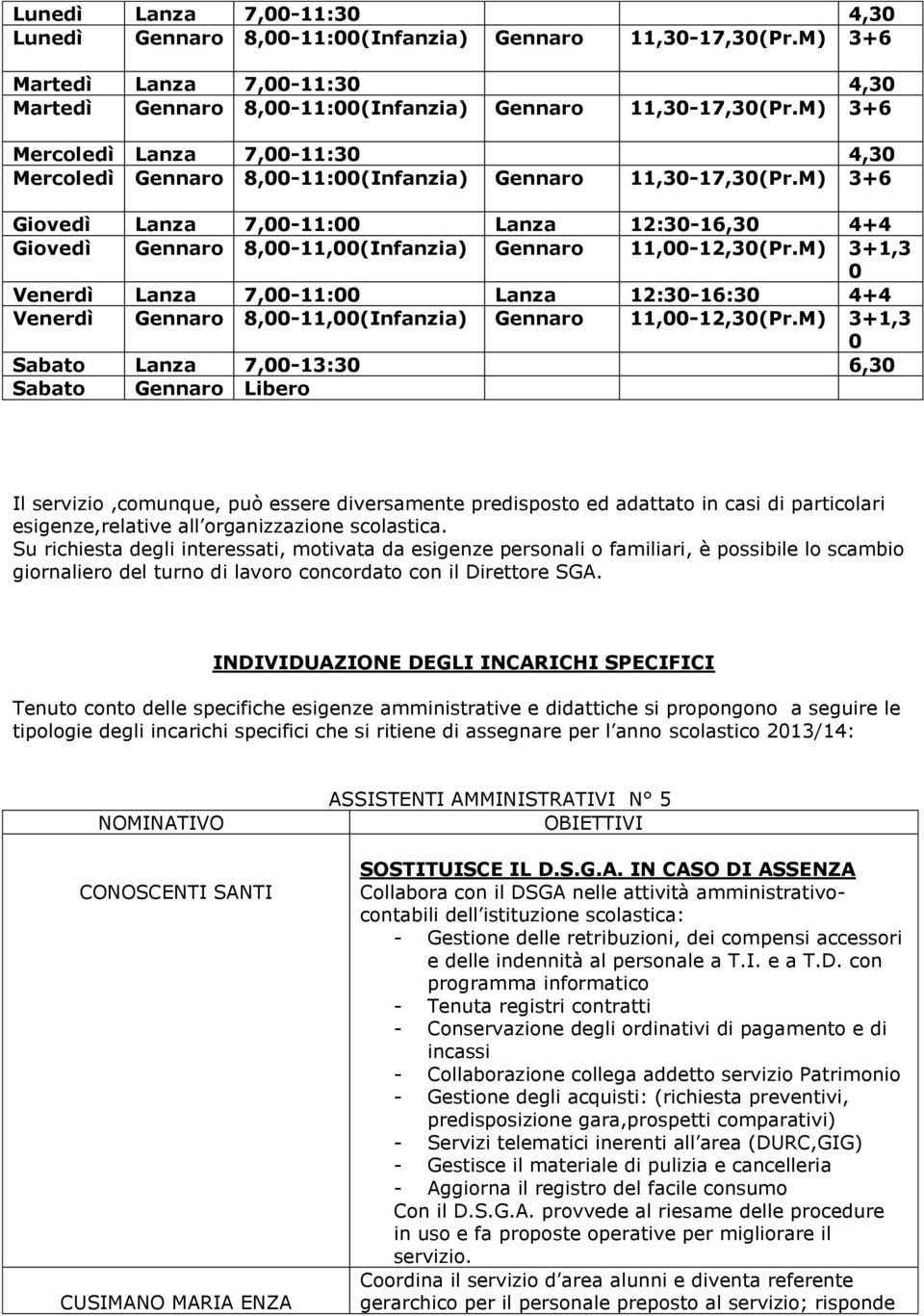 M) 3+6 Giovedì Lanza 7,00-11:00 Lanza 12:30-16,30 4+4 Giovedì Gennaro 8,00-11,00(Infanzia) Gennaro 11,00-12,30(Pr.