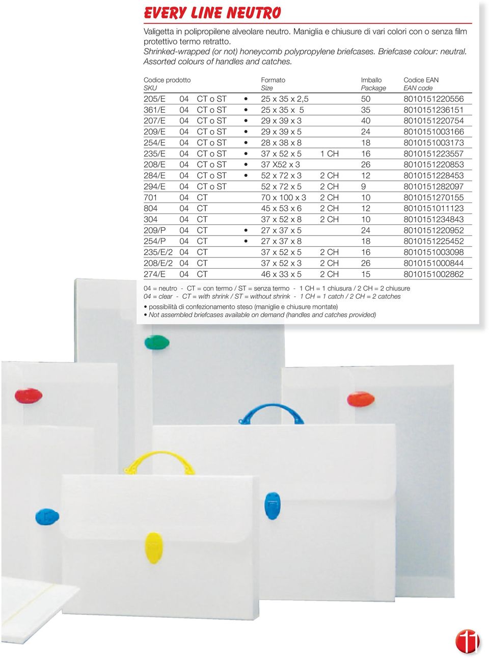 Codice prodotto Formato Imballo Codice EAN SKU Size Package EAN code 205/E 04 CT o ST 25 x 35 x 2,5 50 8010151220556 361/E 04 CT o ST 25 x 35 x 5 35 8010151236151 207/E 04 CT o ST 29 x 39 x 3 40