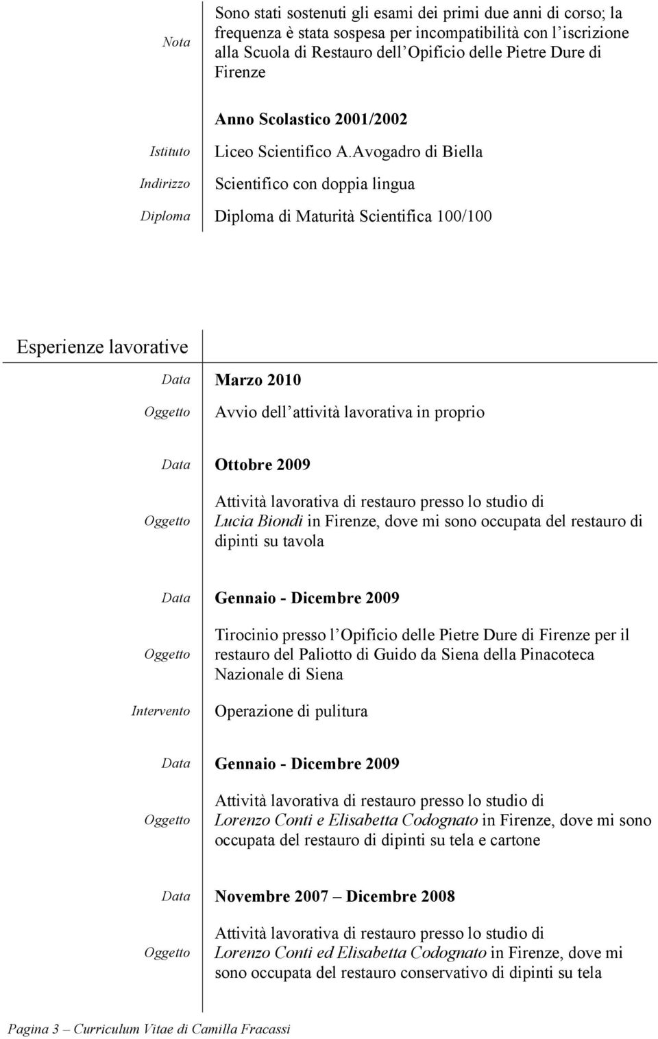 Avogadro di Biella Scientifico con doppia lingua Diploma Diploma di Maturità Scientifica 100/100 Esperienze lavorative Data Marzo 2010 Avvio dell attività lavorativa in proprio Data Ottobre 2009