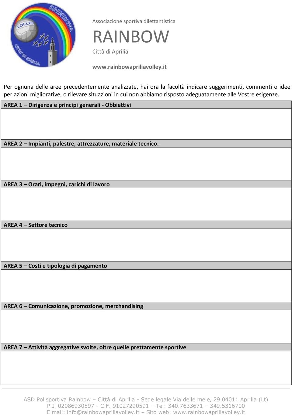 AREA 1 Dirigenza e principi generali - Obbiettivi AREA 2 Impianti, palestre, attrezzature, materiale tecnico.