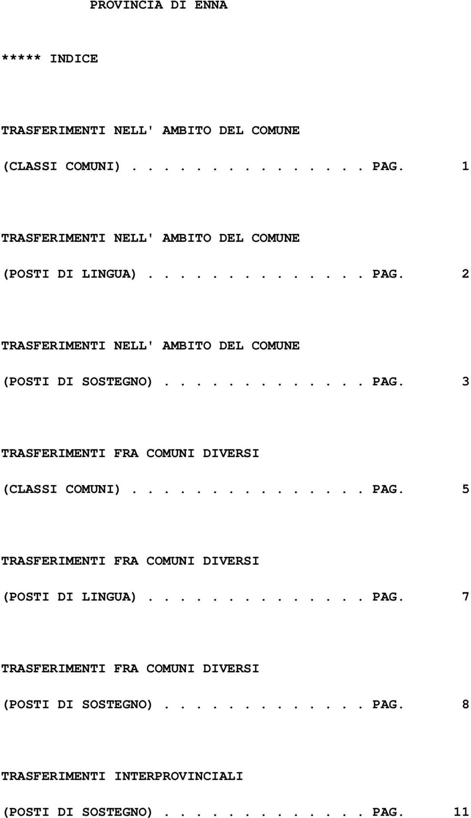 ............ PAG. 3 TRASFERIMENTI FRA COMUNI DIVERSI (CLASSI COMUNI)............... PAG. 5 TRASFERIMENTI FRA COMUNI DIVERSI (POSTI DI LINGUA).