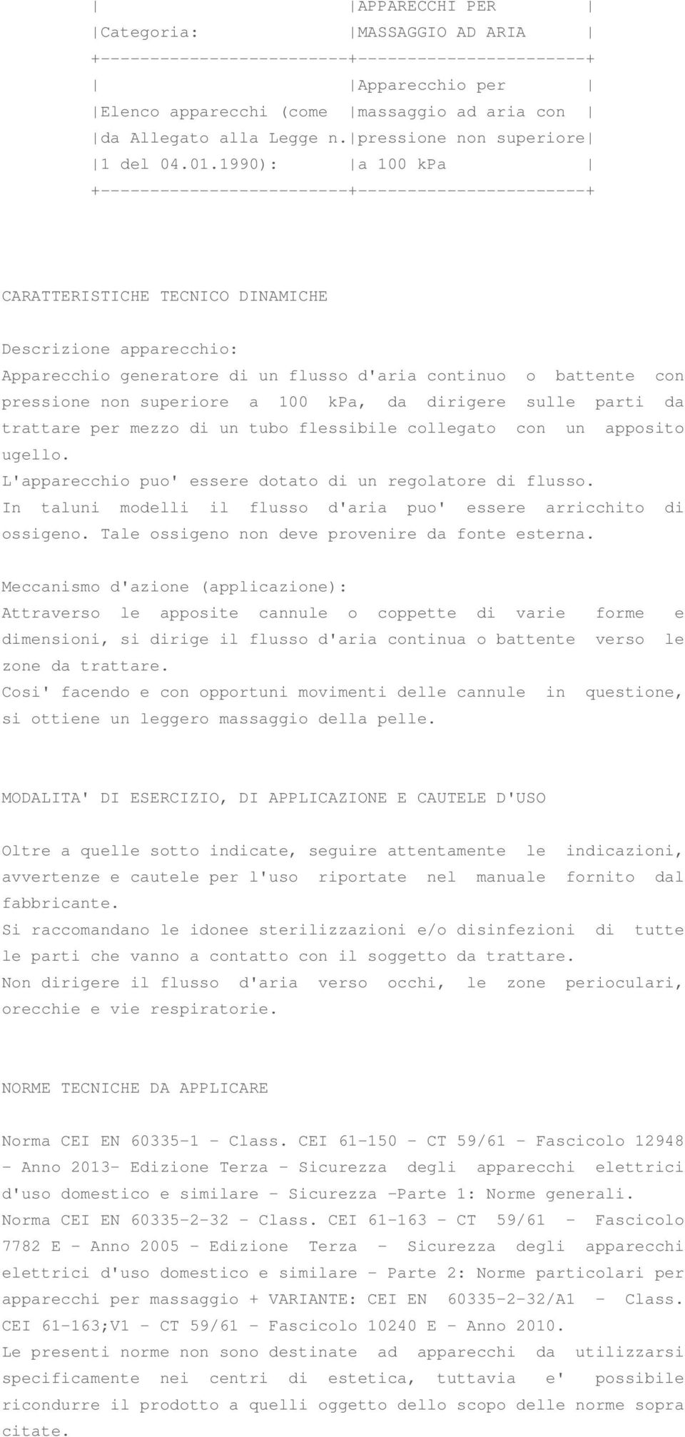 1990): a 100 kpa +-------------------------+-----------------------+ CARATTERISTICHE TECNICO DINAMICHE Descrizione apparecchio: Apparecchio generatore di un flusso d'aria continuo o battente con