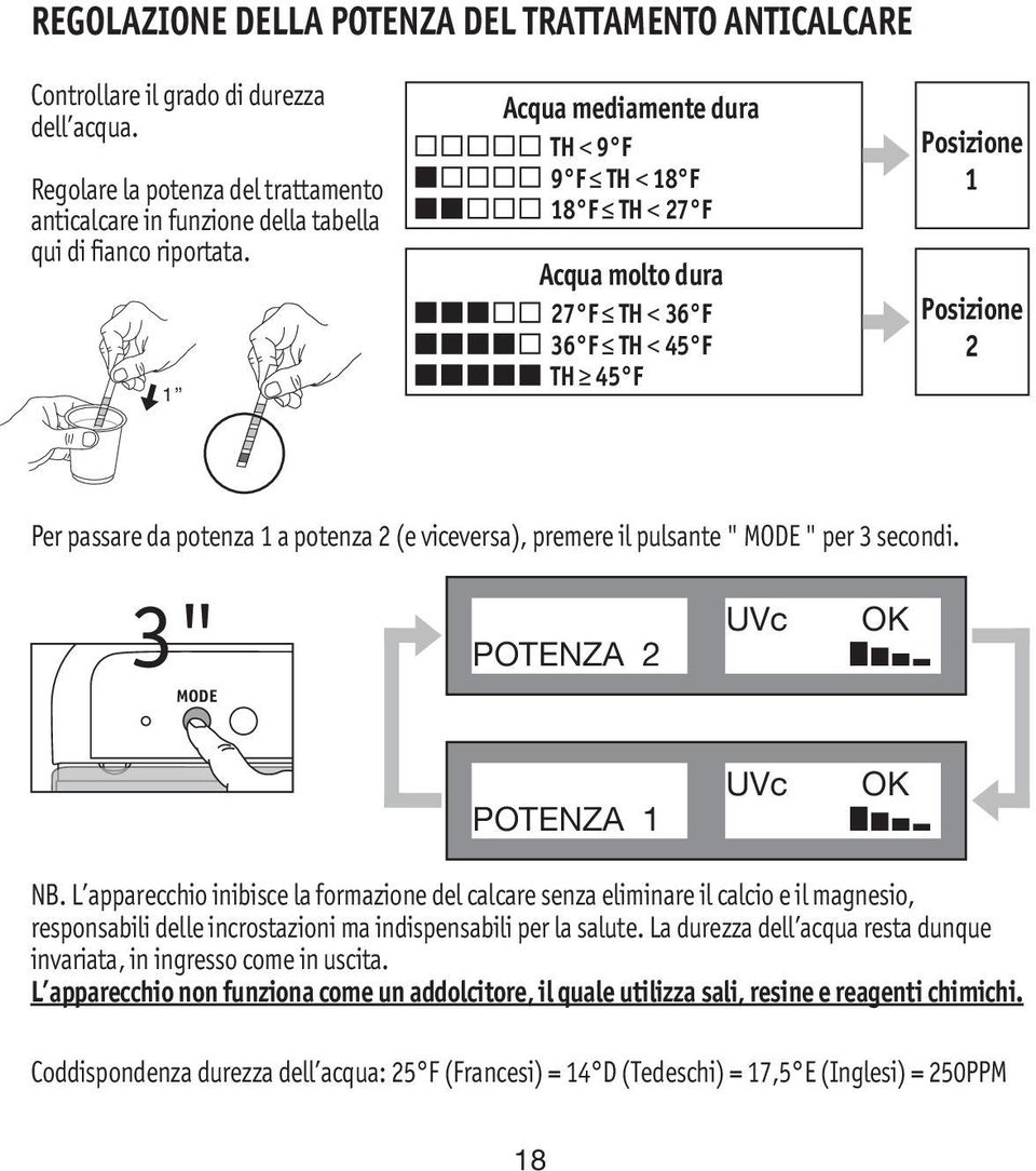 premere il pulsante " MODE " per 3 secondi. 3" MODE UVc OK POTENZA 2 POTENZA 1 UVc OK NB.