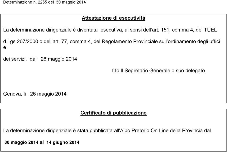 77, comma 4, del Regolamento Provinciale sull ordinamento degli uffici e dei servizi, dal 26 maggio 2014 f.