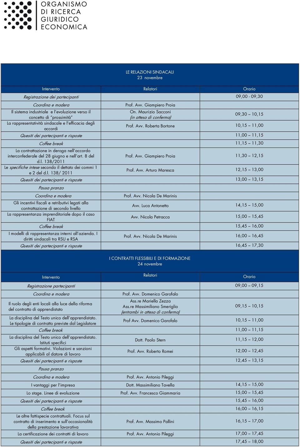 Giampiero Proia On. Maurizio Sacconi (in attesa di conferma) 09,30 10,15 Prof. Avv.