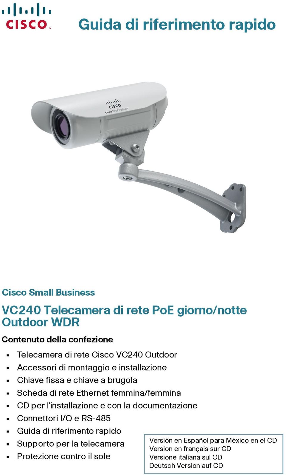 femmina/femmina CD per l'installazione e con la documentazione Connettori I/O e RS-485 Guida di riferimento rapido Versión en Español