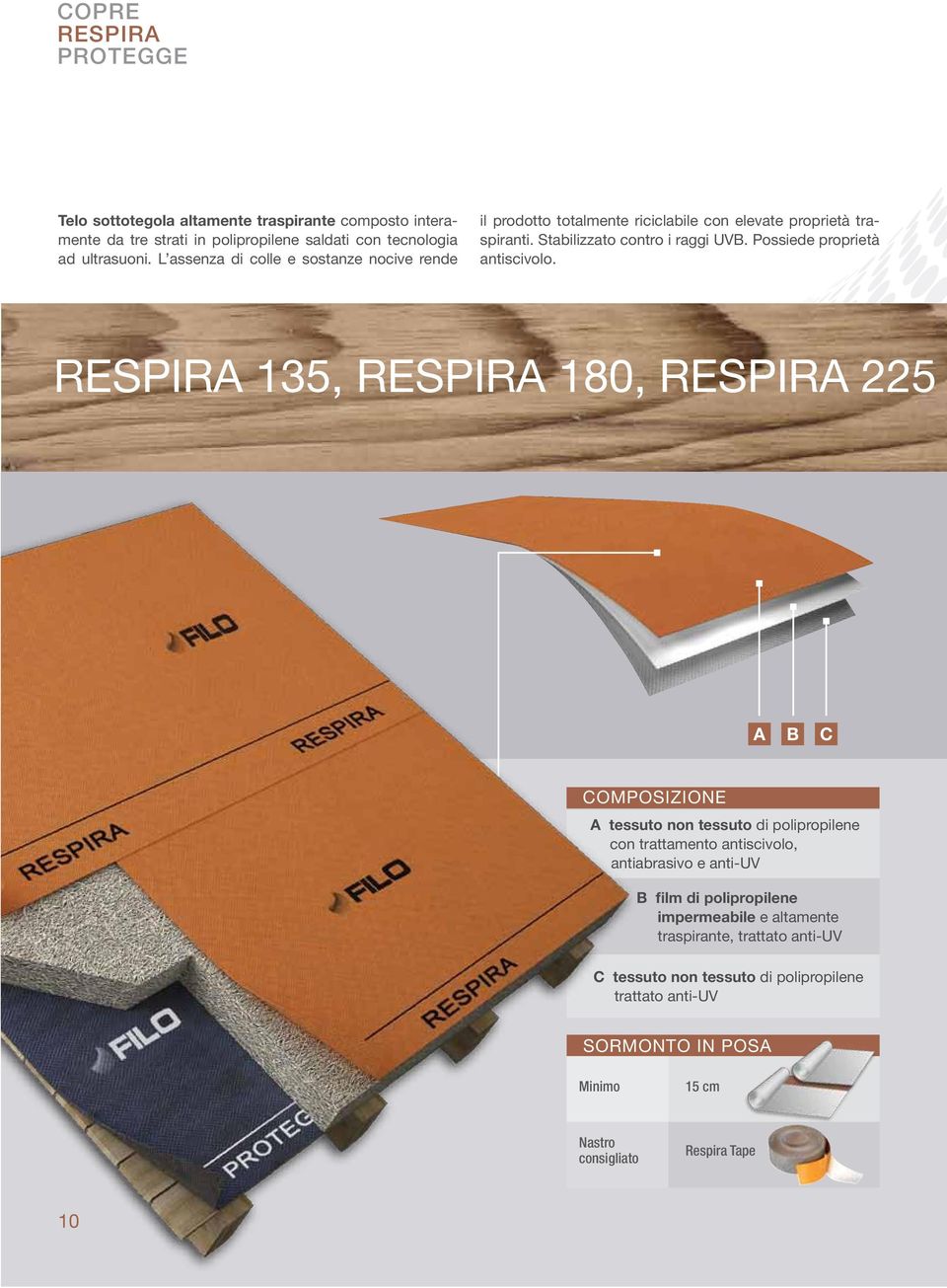 RESPIRA 135, RESPIRA 180, RESPIRA 225 Disponibili in versione tape con banda adesiva incorporata A B C COMPOSIZIONE A tessuto non tessuto di polipropilene con trattamento antiscivolo,