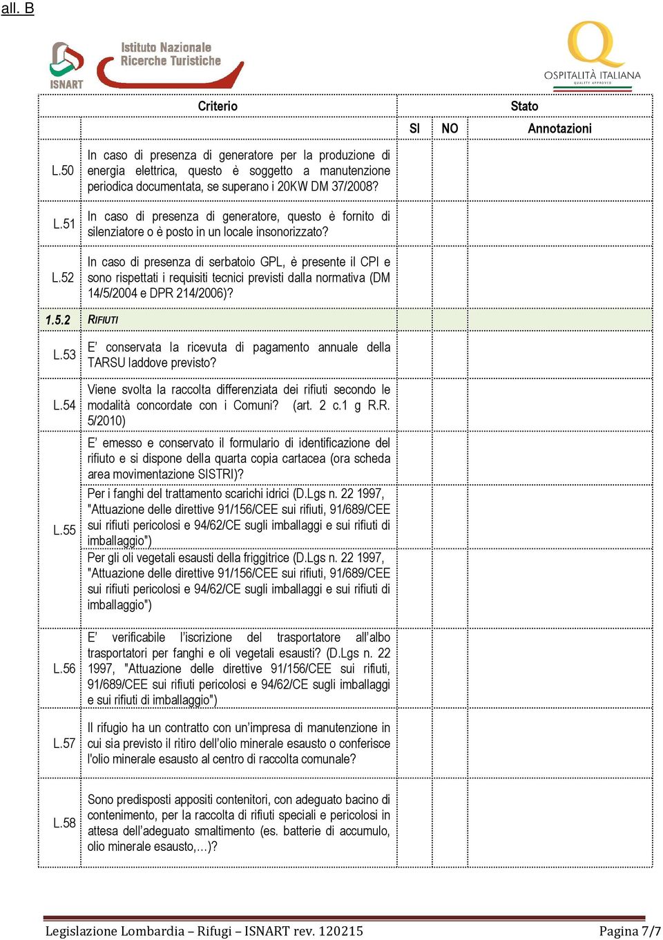 In caso di presenza di serbatoio GPL, è presente il CPI e sono rispettati i requisiti tecnici previsti dalla normativa (DM 14/5/2004 e DPR 214/2006)? 1.5.2 RIFIUTI L.53 L.54 L.55 L.56 L.