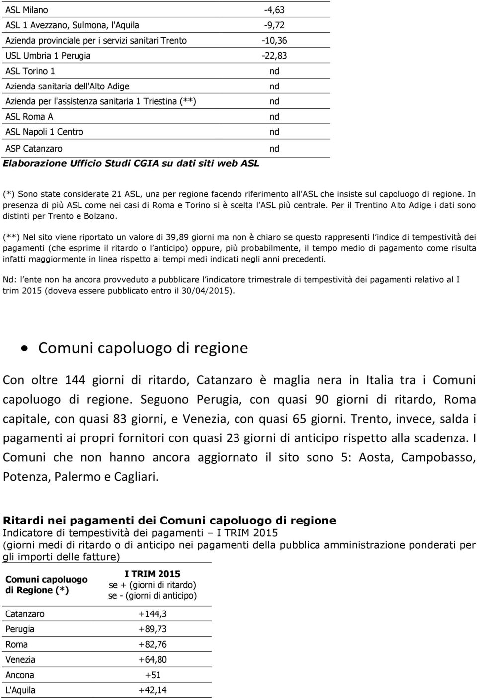 riferimento all ASL che insiste sul capoluogo di regione. In presenza di più ASL come nei casi di Roma e Torino si è scelta l ASL più centrale.