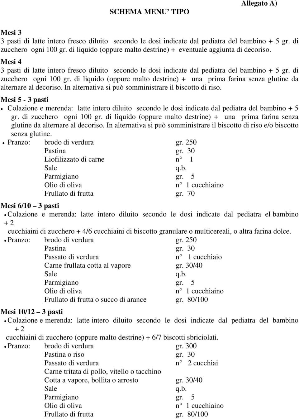 di liquido (oppure malto destrine) + una prima farina senza glutine da alternare al decoriso. In alternativa si può somministrare il biscotto di riso.