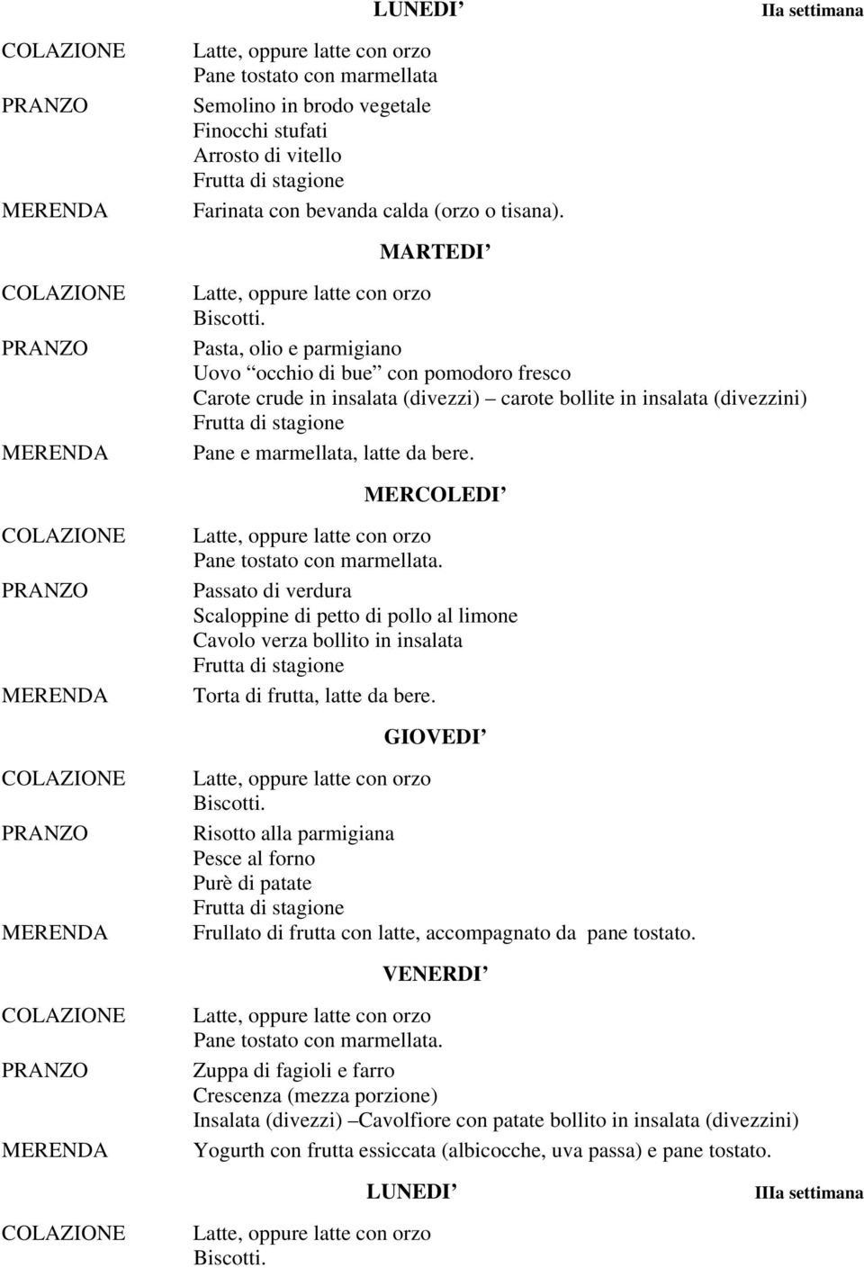 MERCOLEDI Passato di verdura Scaloppine di petto di pollo al limone Cavolo verza bollito in insalata Torta di frutta, latte da bere.