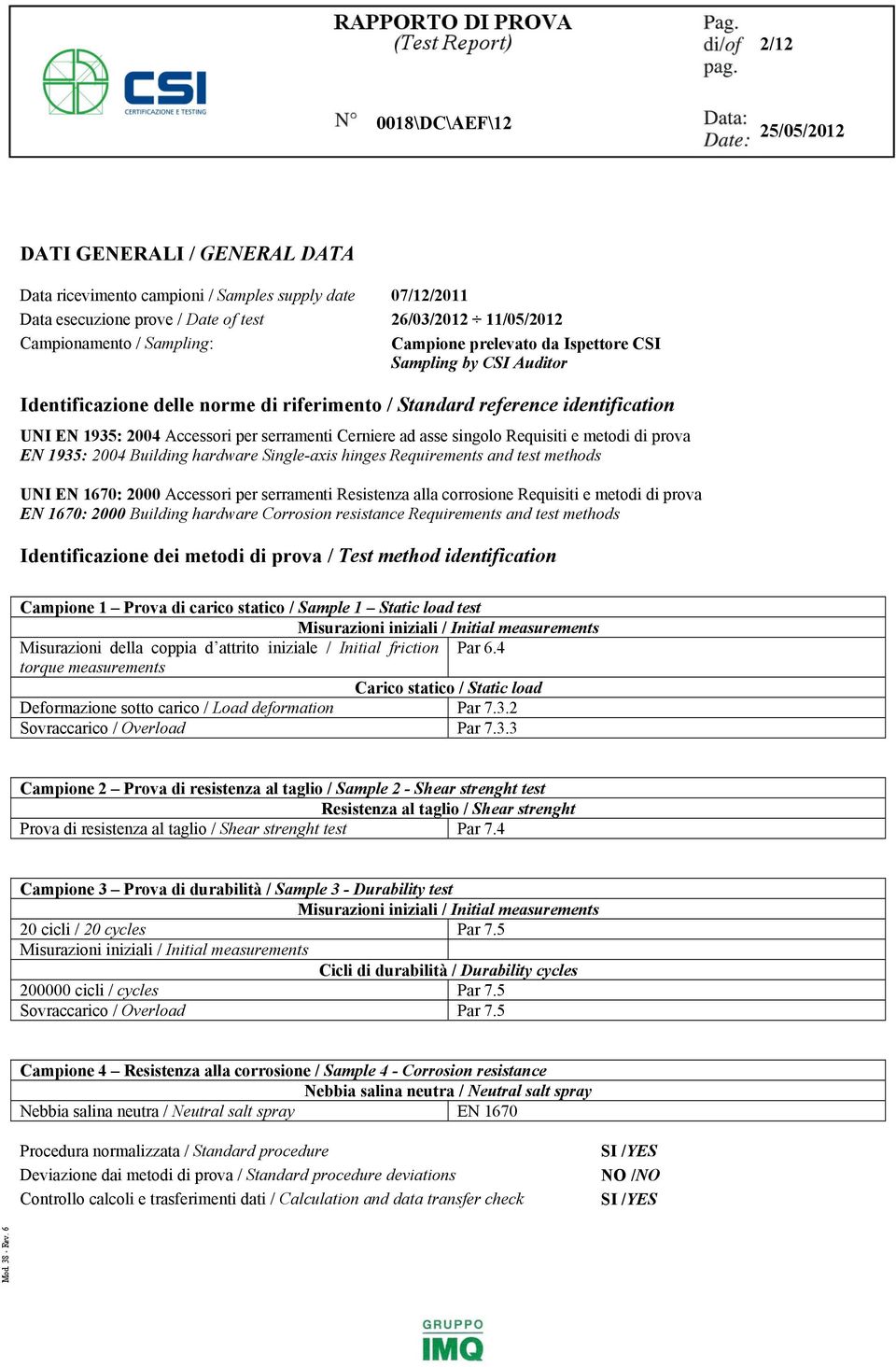 metodi di prova EN 1935: 2004 Building hardware Single-axis hinges Requirements and test methods UNI EN 1670: 2000 Accessori per serramenti Resistenza alla corrosione Requisiti e metodi di prova EN